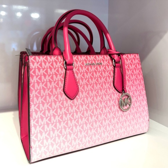 Michael Kors Sheila Medium Signature CZ Logo Satchel Crossbody Bag Dragonfruit - Picture 1 of 8